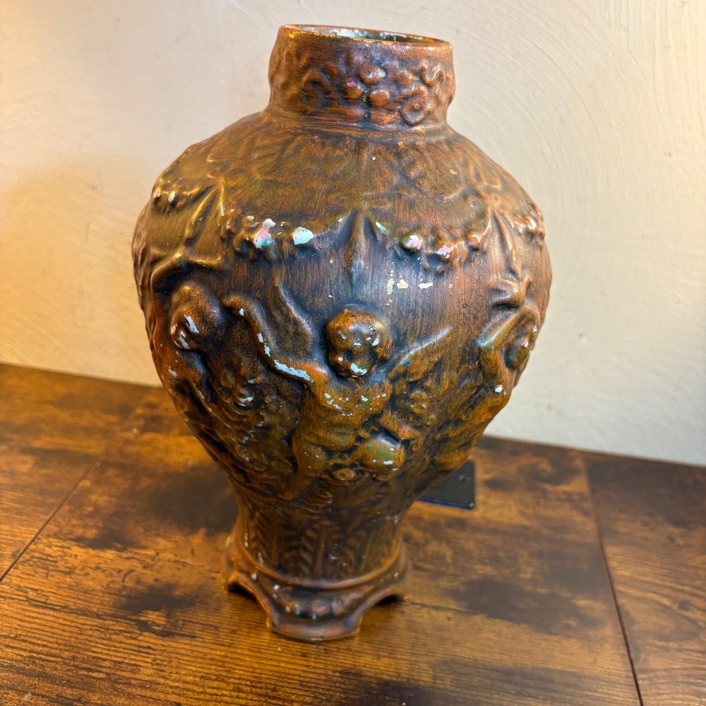 Vintage Italian Baroque Cherub Putti Relief Porcelain Vase Brown Copper 9.5"